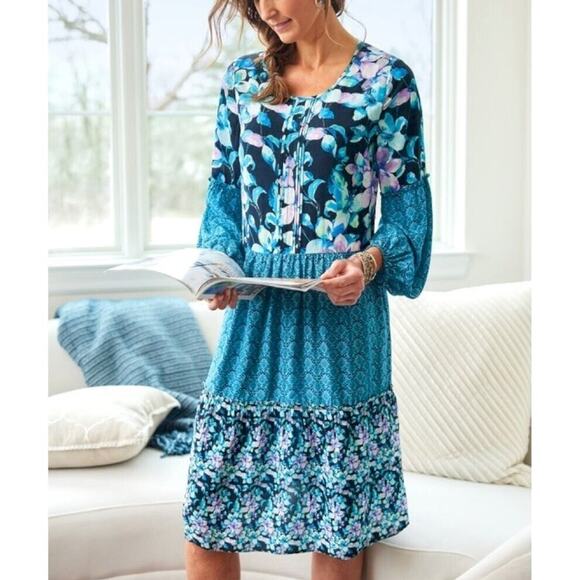 Soft Surroundings Night Bloom Long Balloon Sleeve Floral Midi Dress Blue Small - Picture 2 of 12